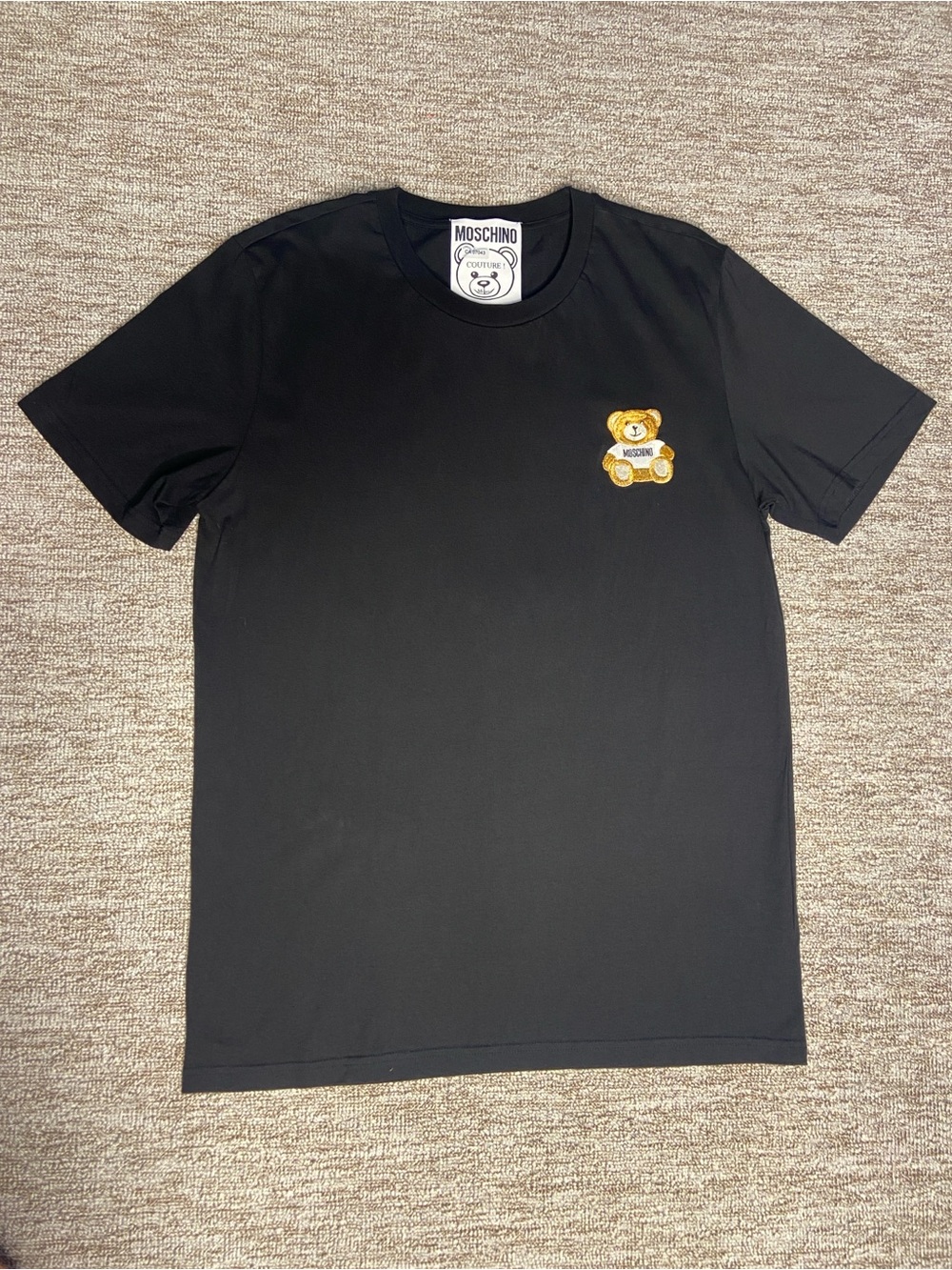 Moschino Black Crewneck T-Shirt with Gold Teddy Patch